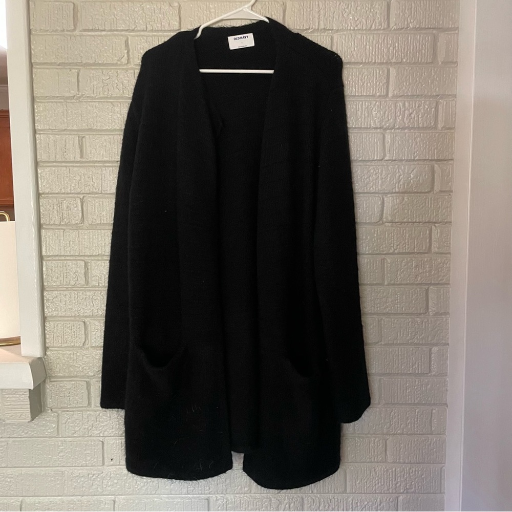 Old Navy Large Fuzzy Thick Black Long Cardigan, open front